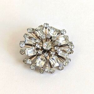 Starburst Emerald Cut Spindle Vintage 2" Brooch Pin Hinge Closure Clear Silver